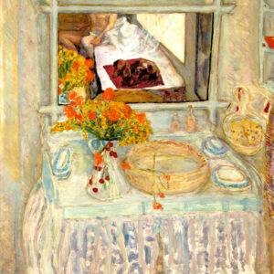 Pierre Bonnard, The Dressing Table with a Bunch of Red and Yellow Flowers (1923)
